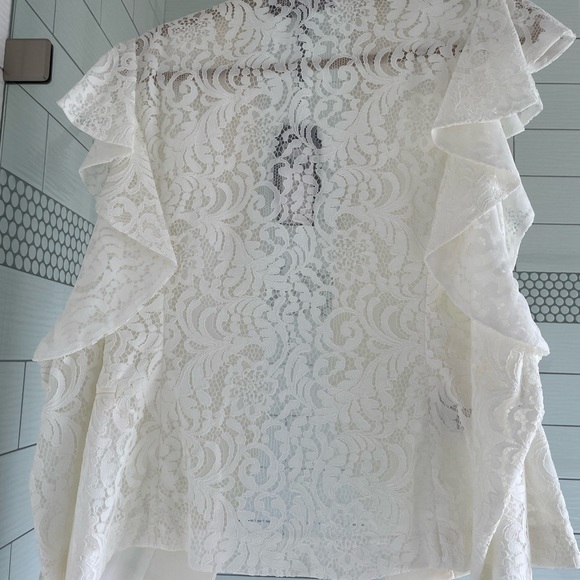 BCBG MaxAzria off white top with lace cut off sleeves. NWT. - Picture 3 of 8